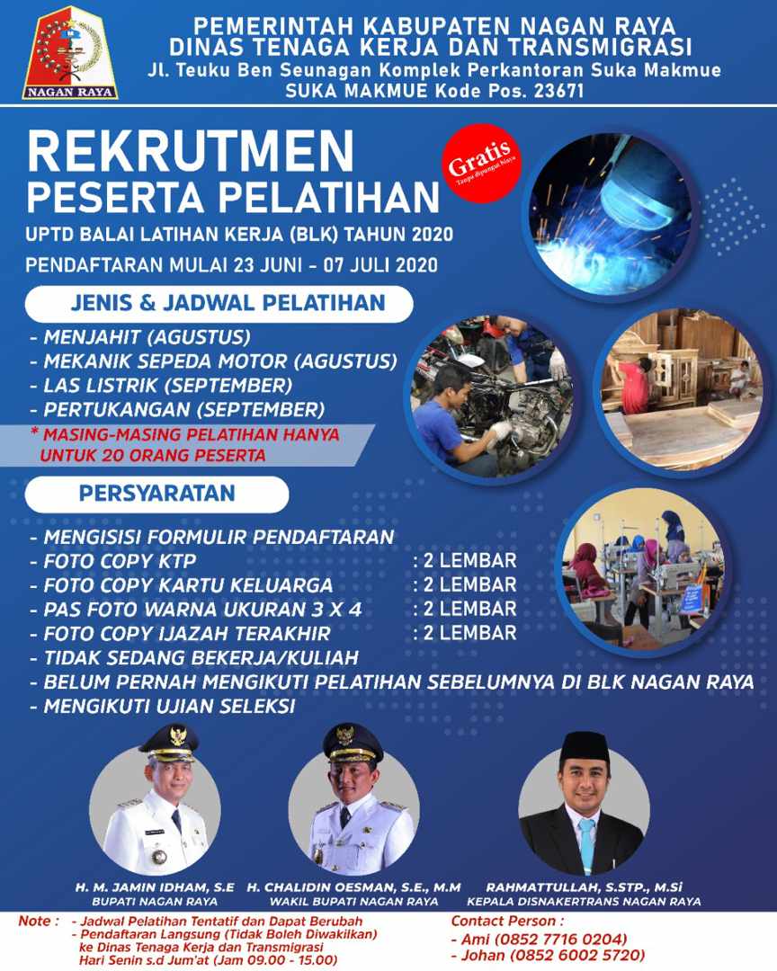 Disnakertrans Nagan Raya Buka Pelatihan Ketrampilan Kerja